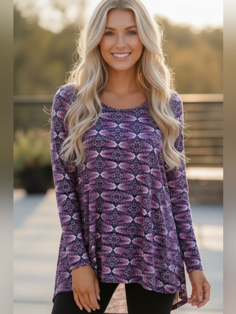 NWOT LuLaRoe Irma Purple Geometric Long-Sleeve Relaxed Fit Tunic Top